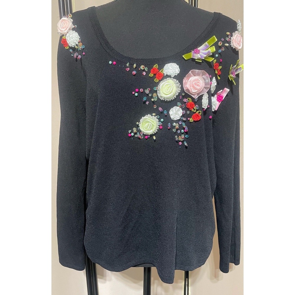 Carina Marshall Rousso Women's‎ Small Black Sweater 3D Floral Embellished